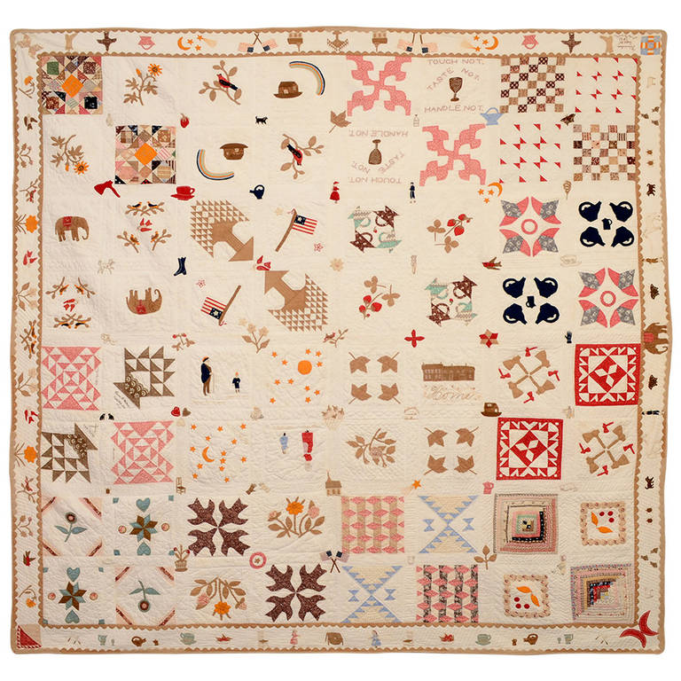 Temperance Sampler Quilt with Figures and Animals and Figures at 1stDibs