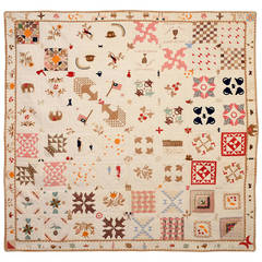 Antique Temperance Sampler Quilt with Figures and Animals and Figures