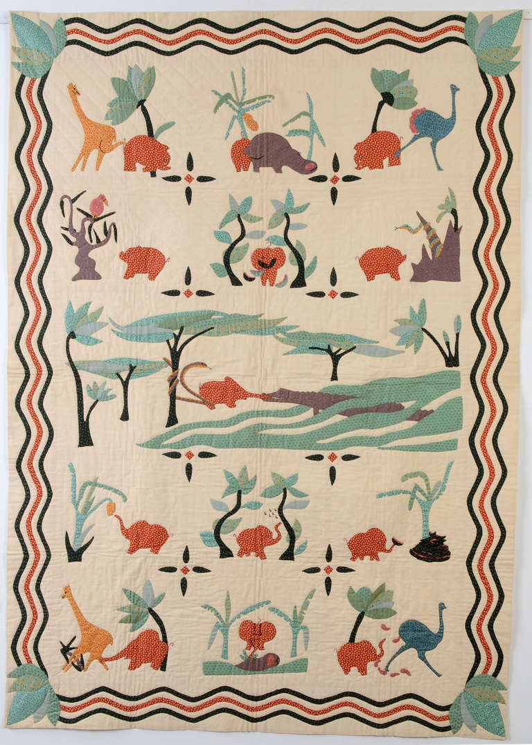 This charming pictorial quilt depicts the story of How the Elephant Got His Trunk from Rudyard Kipling's 
