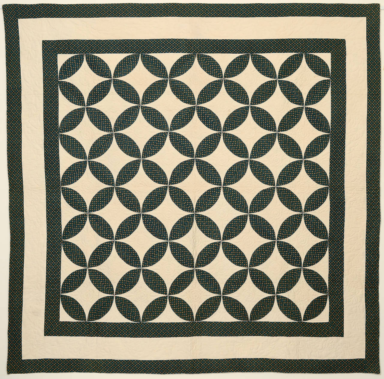 This finely made melon patch quilt is done with an unusual fabric that is a wonderful teal blue or green tone. It is well quilted with stylized floral patterns throughout. It is in excellent, unwashed condition. Measurements are 88
