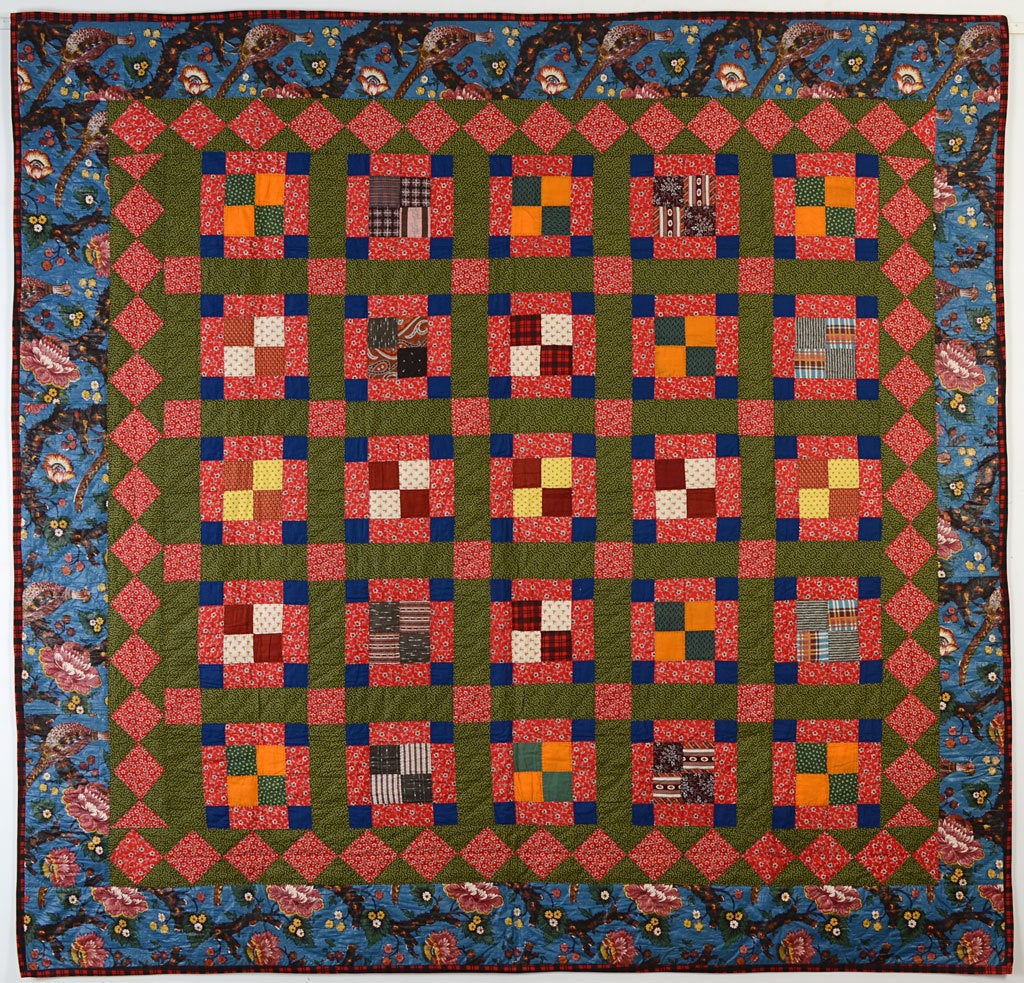 This unusual geometric quilt pattern has a Four Patch within each irregularly shaped Nine Patch block. It is as crisp and fresh as the day it was made nearly 150 years ago. The border is a beautiful glazed chintz fabric. The overall photo may read a
