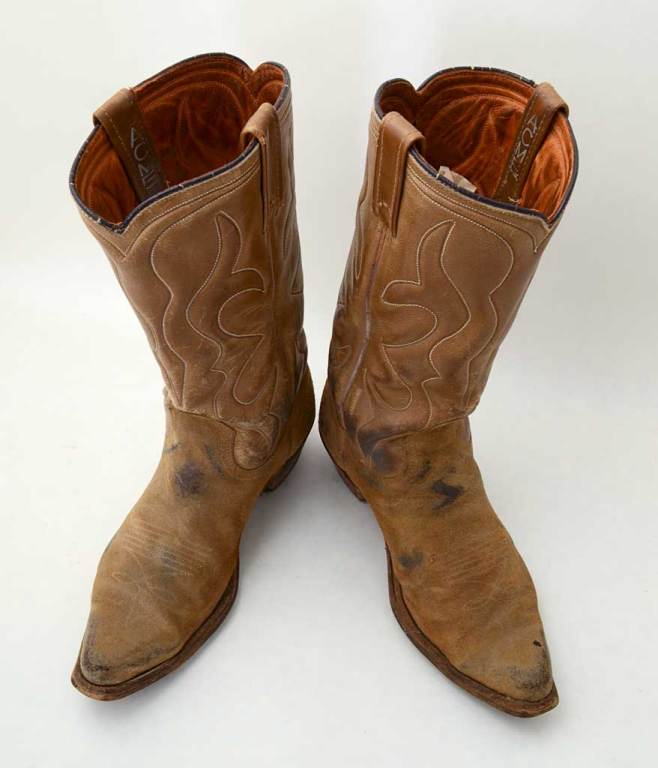 These Acme boots belonged to King of the Cowboys, Roy Rogers. Certainly he had fancier boots, but the wear on these is a clear indication that these were among his favorites. They are size 38 and measure 13