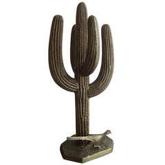 Vintage Tall Brass Cactus & Roadrunner Tabletop Sculpture