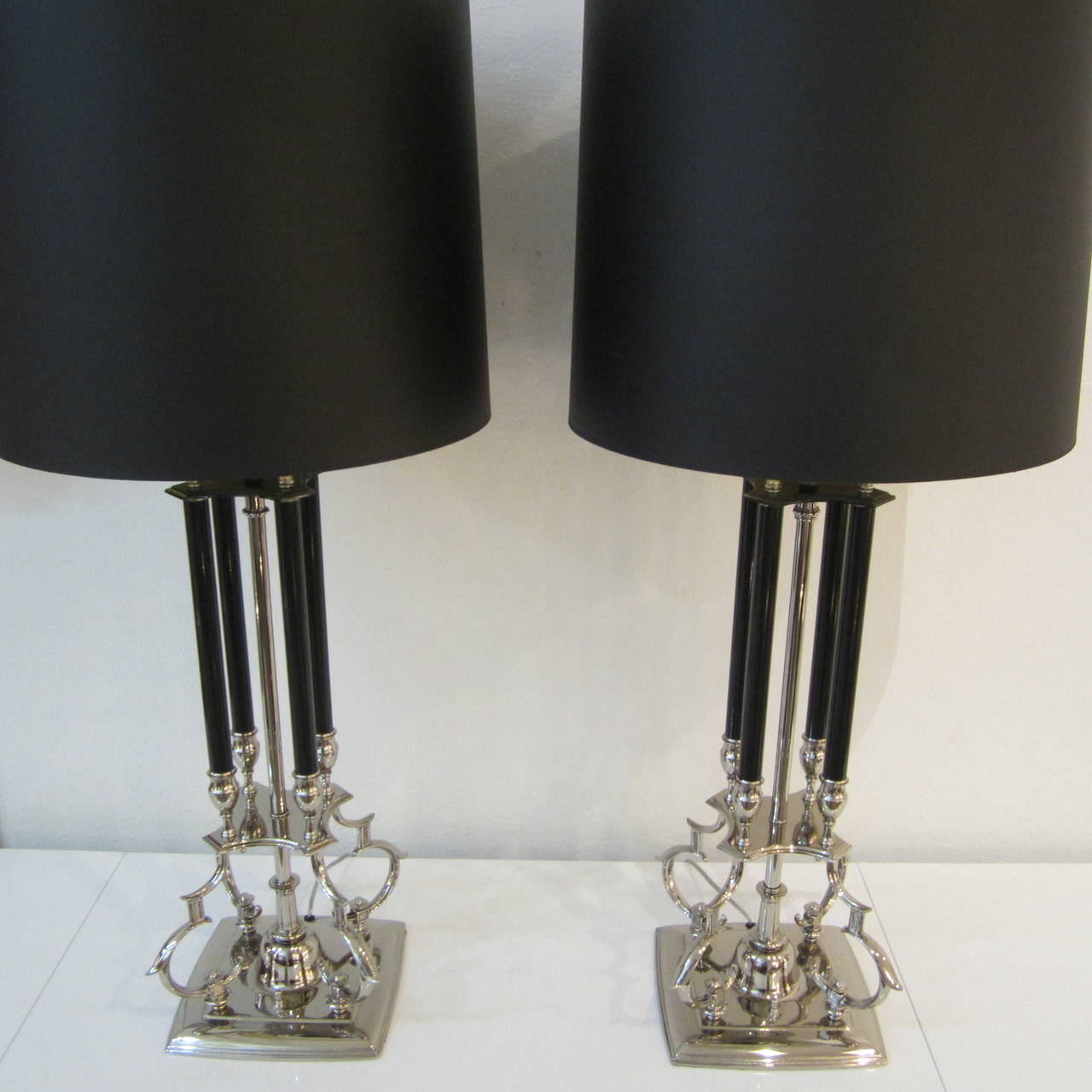 Mid-Century Modern Columned Lamps with Scrolled Metalwork For Sale