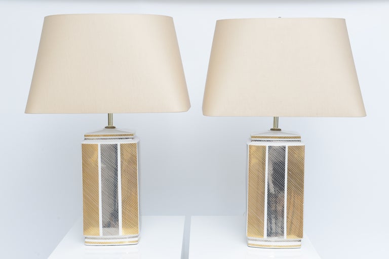 Pair of Geometric Silver & Gold Striped Ceramic Lamps