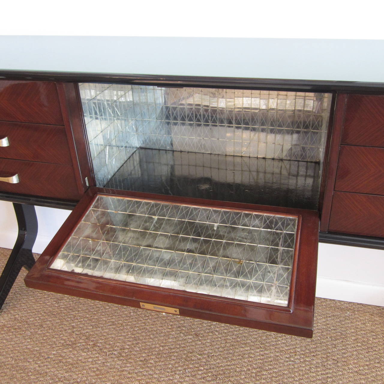 Mid-20th Century Italian Modern Mahogany and Reverse-Painted Glass Console For Sale