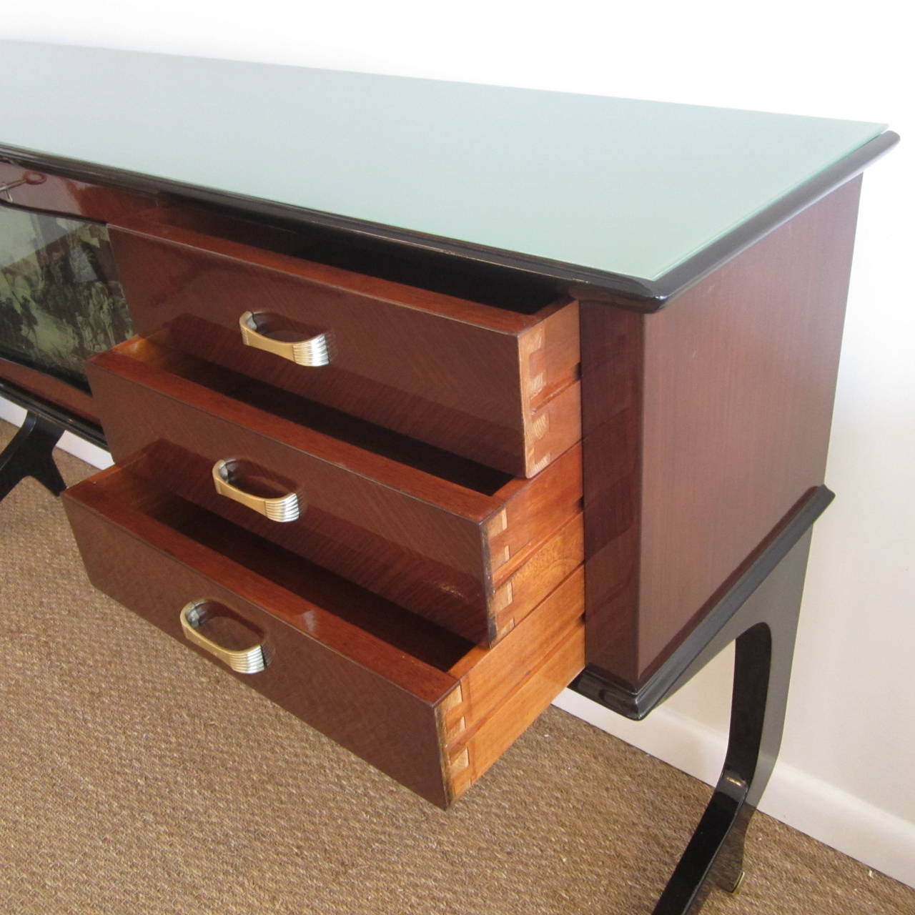 Italian Modern Mahogany and Reverse-Painted Glass Console For Sale 1