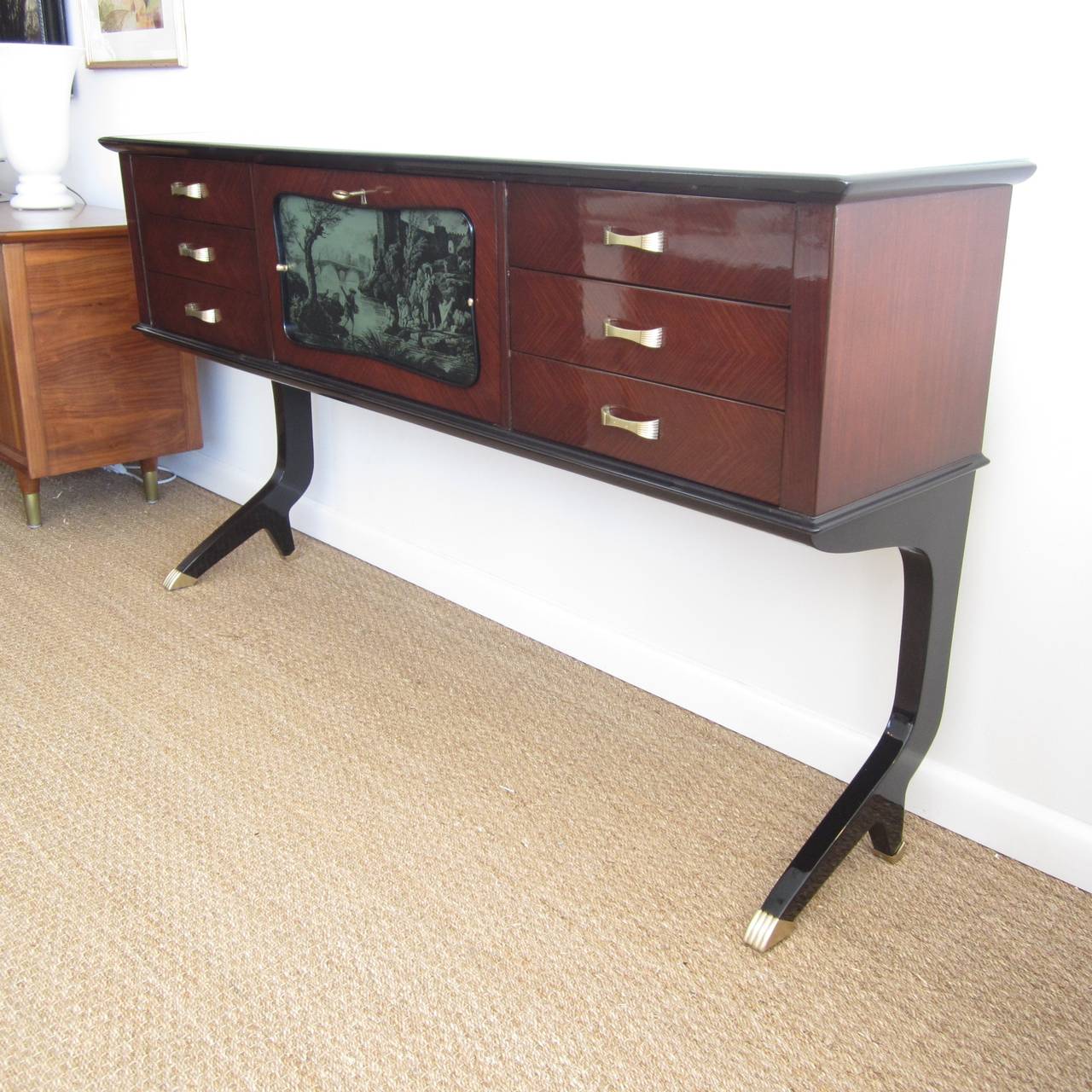 Italian Modern Mahogany and Reverse-Painted Glass Console In Excellent Condition For Sale In Miami, FL