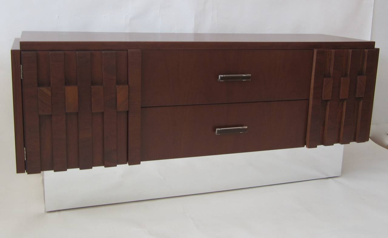Floating Walnut Credenza with Steel Wrapped Platform manner of Milo Baughman