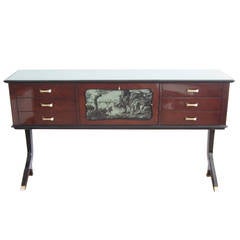 Italian Modern Mahogany and Reverse-Painted Glass Console