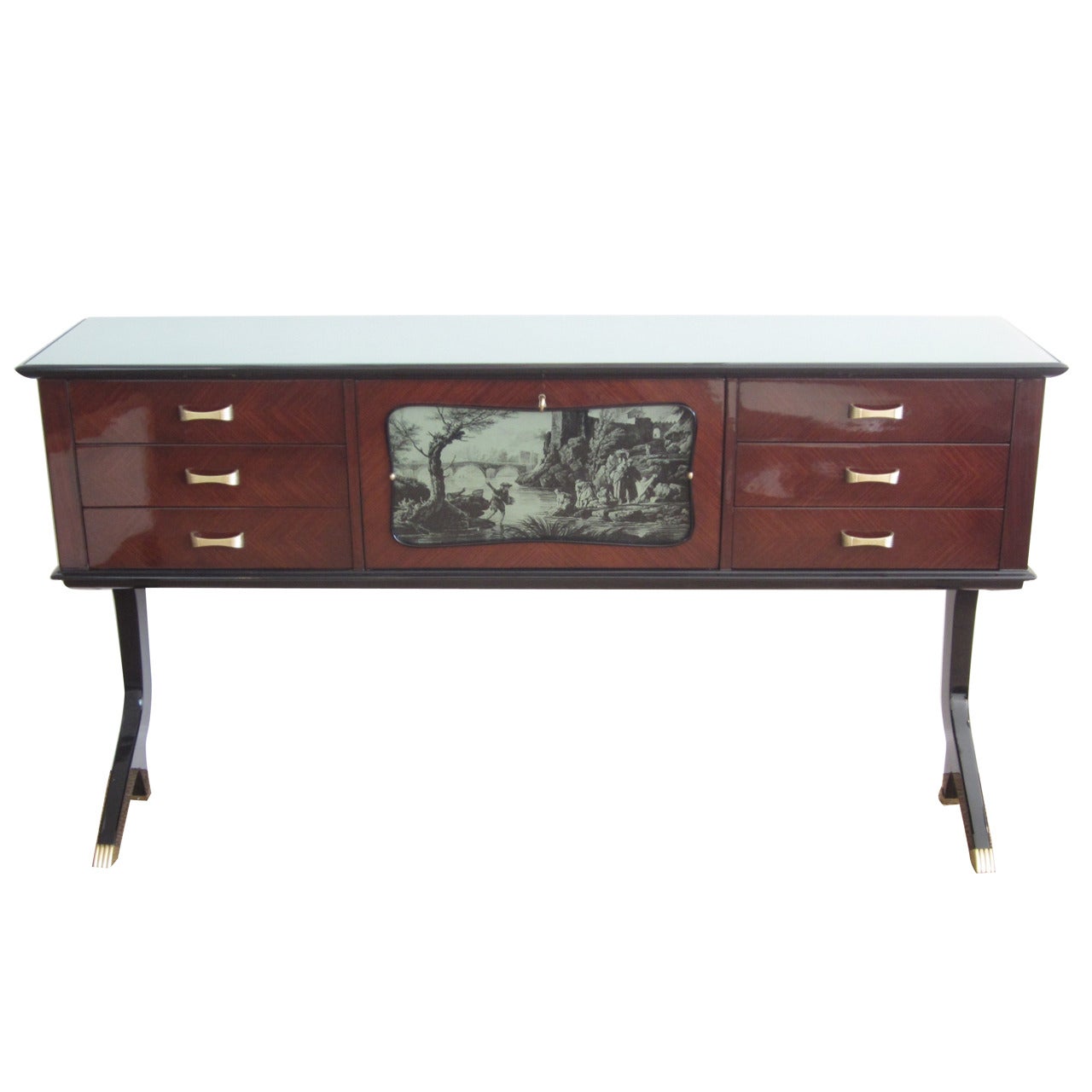 Italian Modern Mahogany and Reverse-Painted Glass Console For Sale