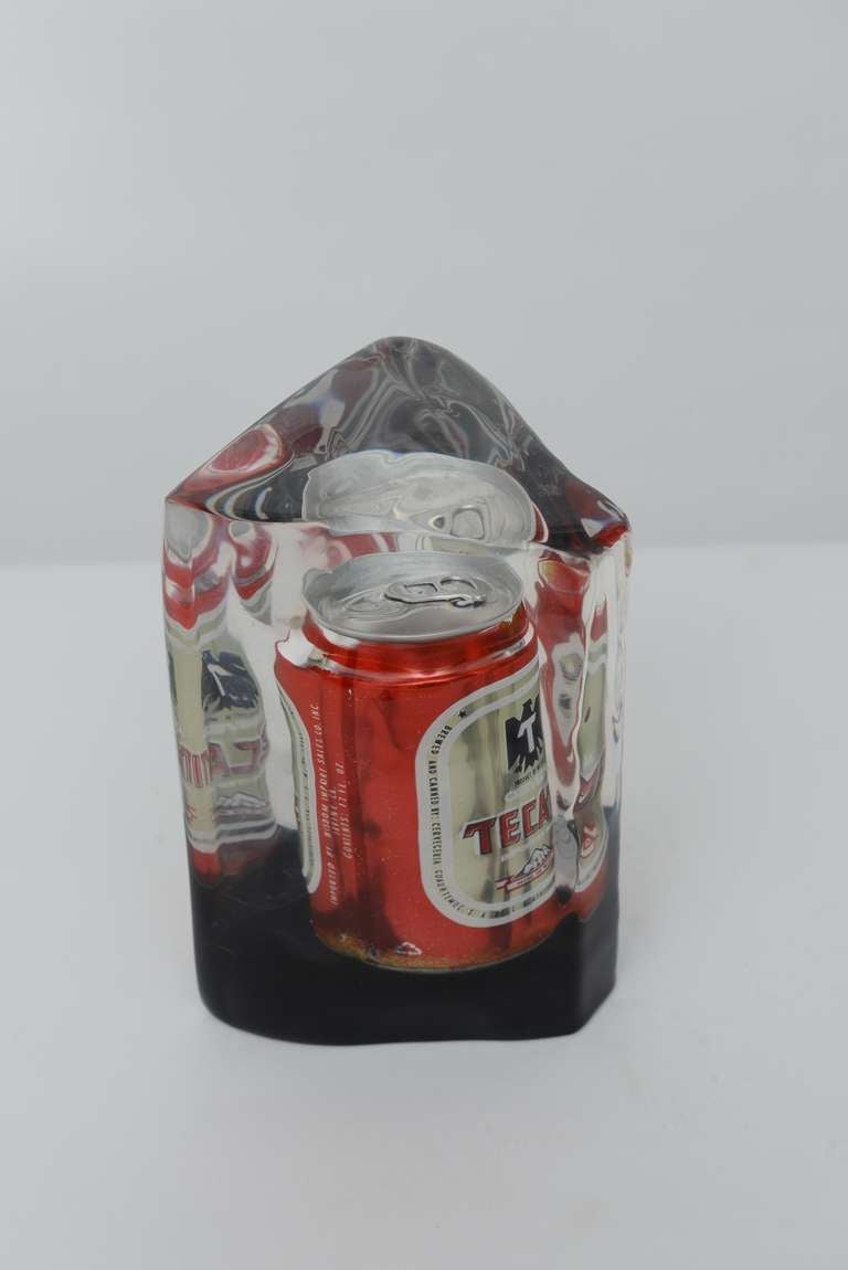 Sculpture of Tacate Mexican beer can encased in molten lucite. Great conversation piece from the Mod Period!