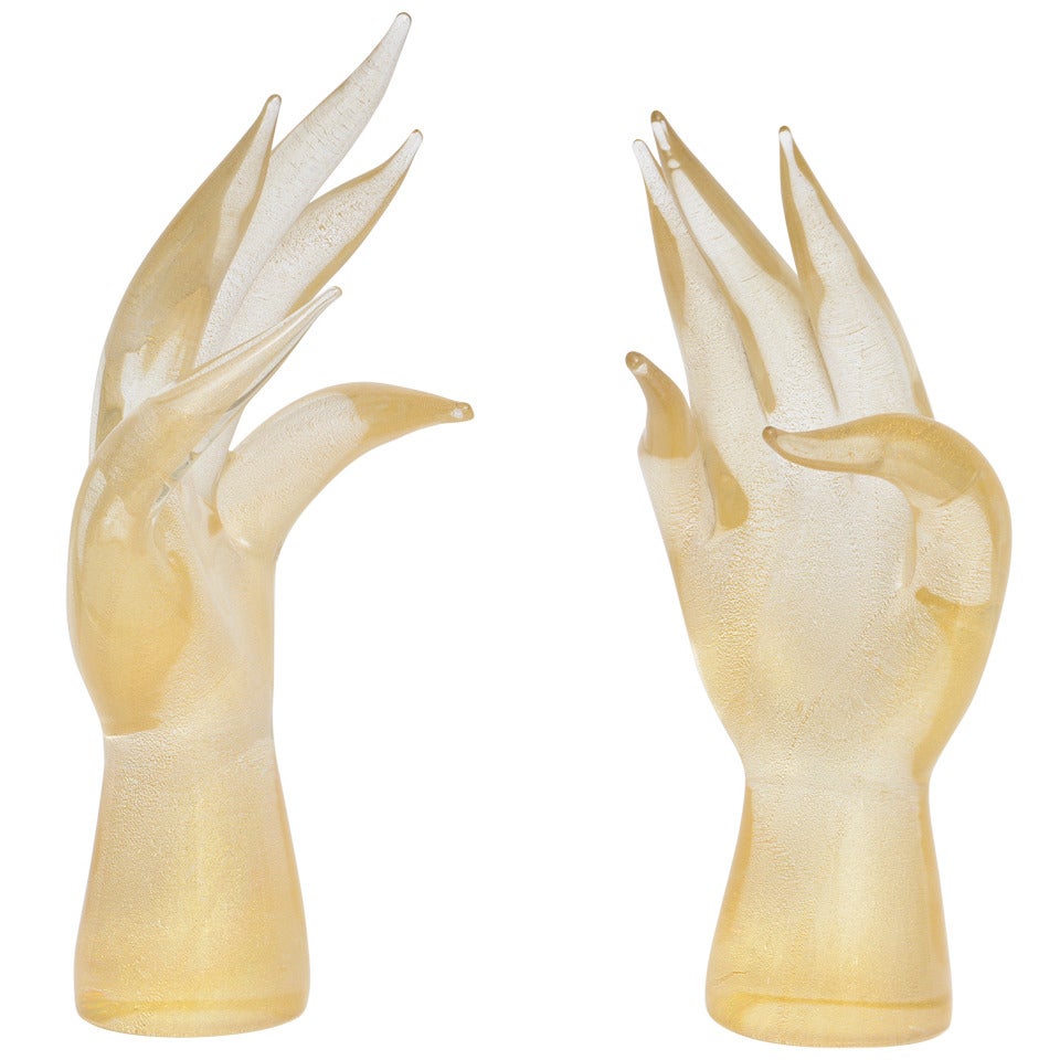 Pair of Seguso Hand Blown Murano Glass Hand Sculptures, Signed