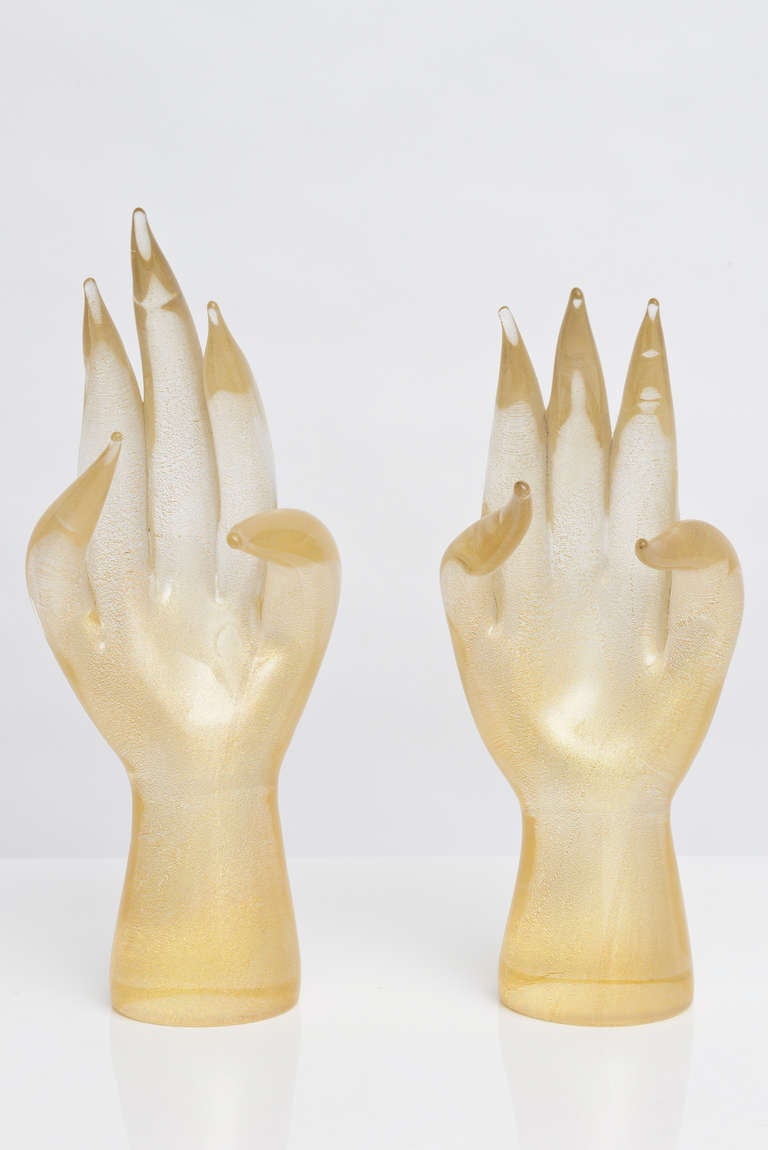 Italian Pair of Seguso Hand Blown Murano Glass Hand Sculptures, Signed