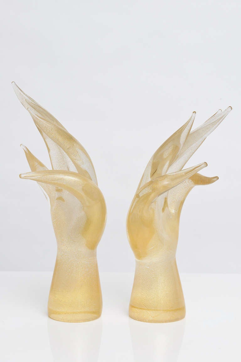 Pair of Seguso Hand Blown Murano Glass Hand Sculptures, Signed In Excellent Condition In Miami, FL