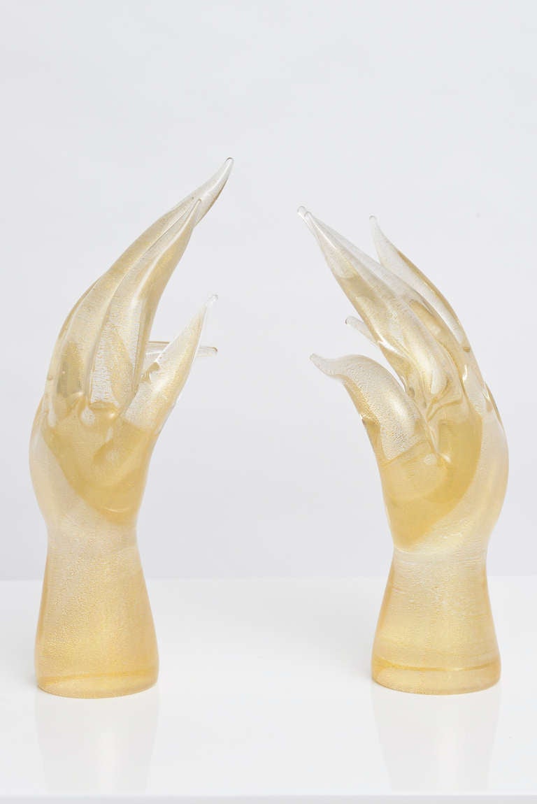 20th Century Pair of Seguso Hand Blown Murano Glass Hand Sculptures, Signed