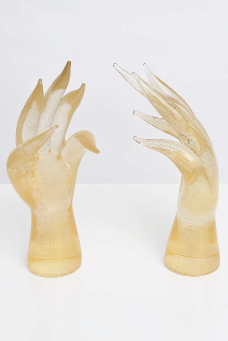Pair of Seguso Hand Blown Murano Glass Hand Sculptures, Signed 4