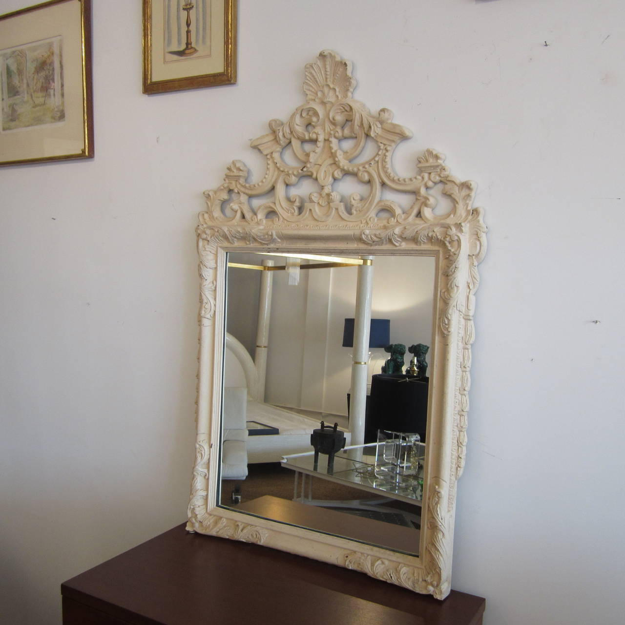 Fantastic heavily carved mirror in its original raw state ready to be finished to your request. Can be a showstopper gilded or painted a bold color. The glass was replaced and a new wood backing was put on before we acquired it. 