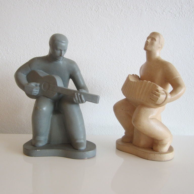 Pair of Handsome Musician Ceramic Sculptures signed by Kling  In Good Condition In Miami, FL
