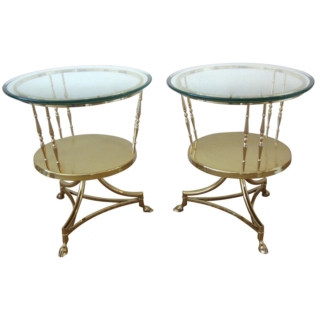 Pair of Tripod Brass and Glass Side Tables For Sale