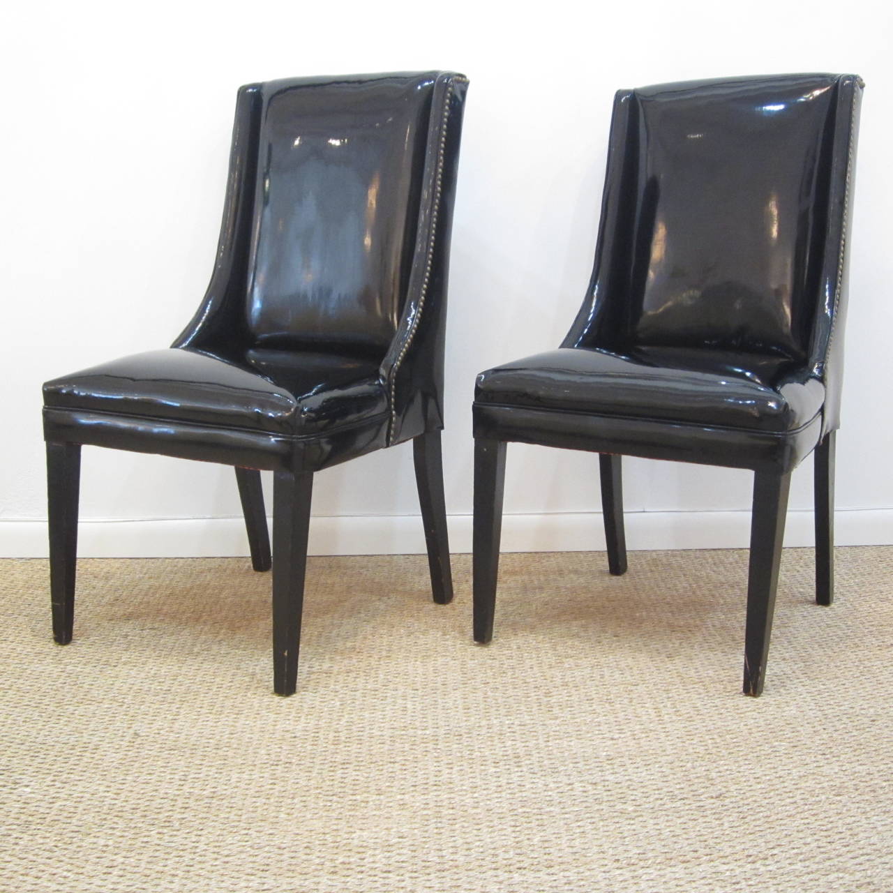 Pair of Midcentury Side Chairs in Faux Leather with Brass Tacks For Sale 1