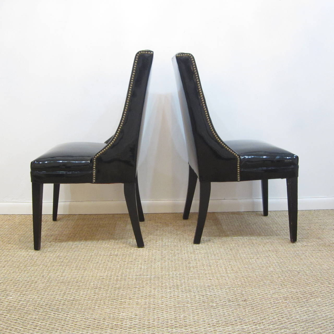 American Pair of Midcentury Side Chairs in Faux Leather with Brass Tacks For Sale