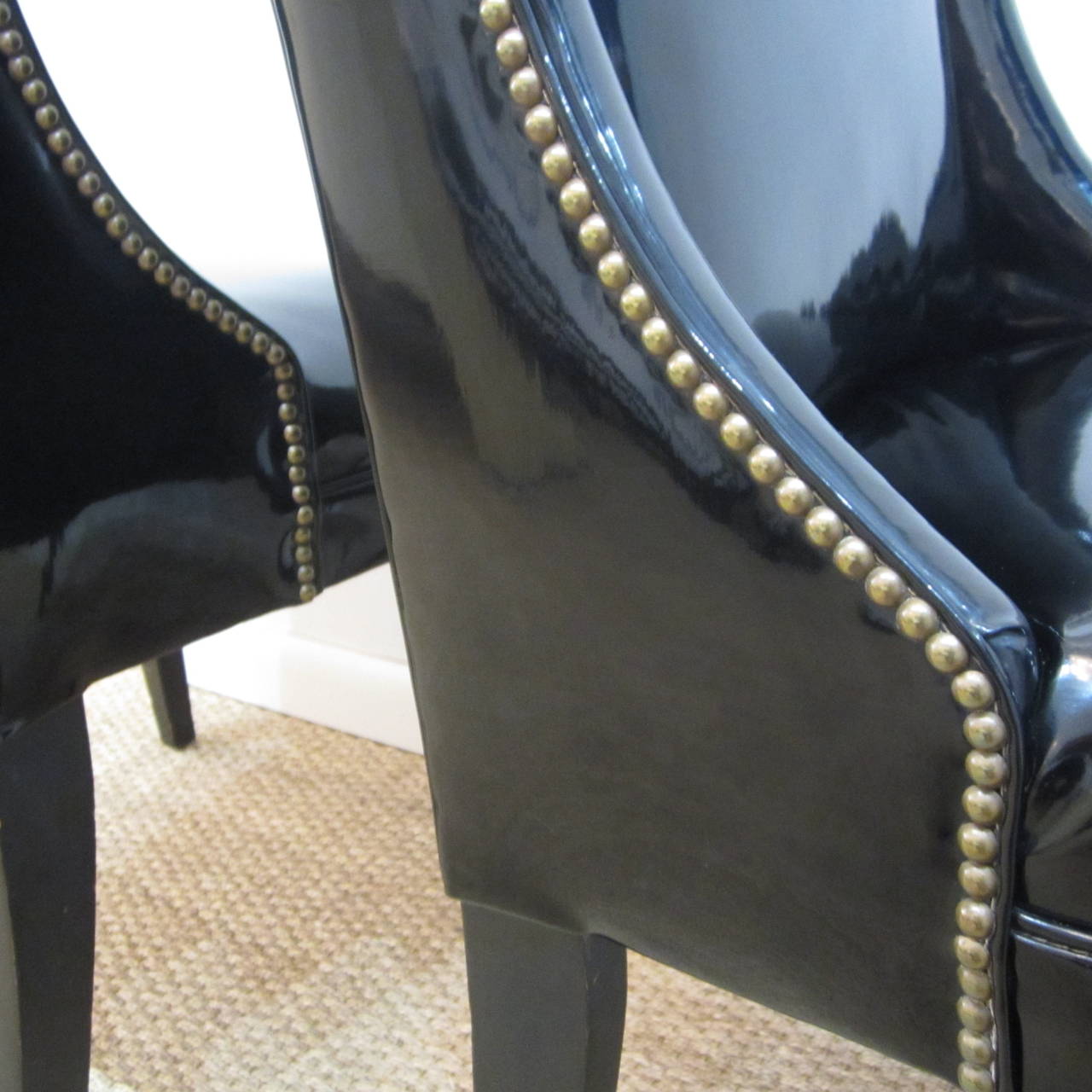 Patent Leather Pair of Midcentury Side Chairs in Faux Leather with Brass Tacks For Sale