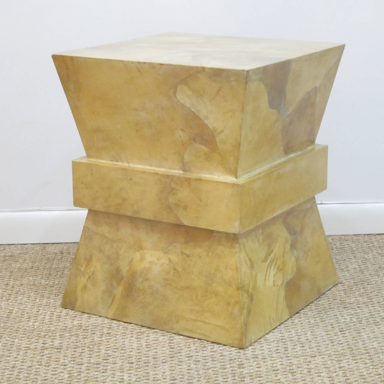 Side table covered in goatskin panels and clear coat lacquer. Great for a reading lamp as well as a pedestal to display a sculpture.