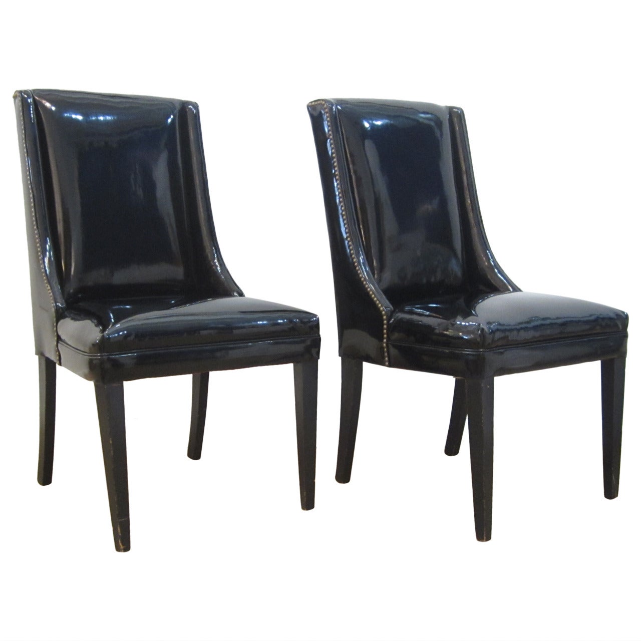Pair of Midcentury Side Chairs in Faux Leather with Brass Tacks For Sale