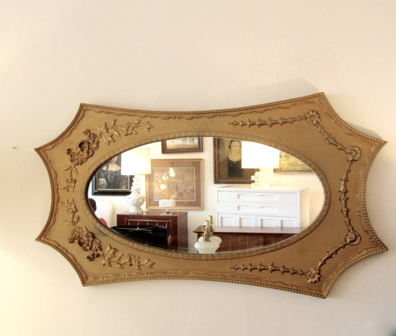 Wood Framed Mirror with Carved Detail In Good Condition In Miami, FL