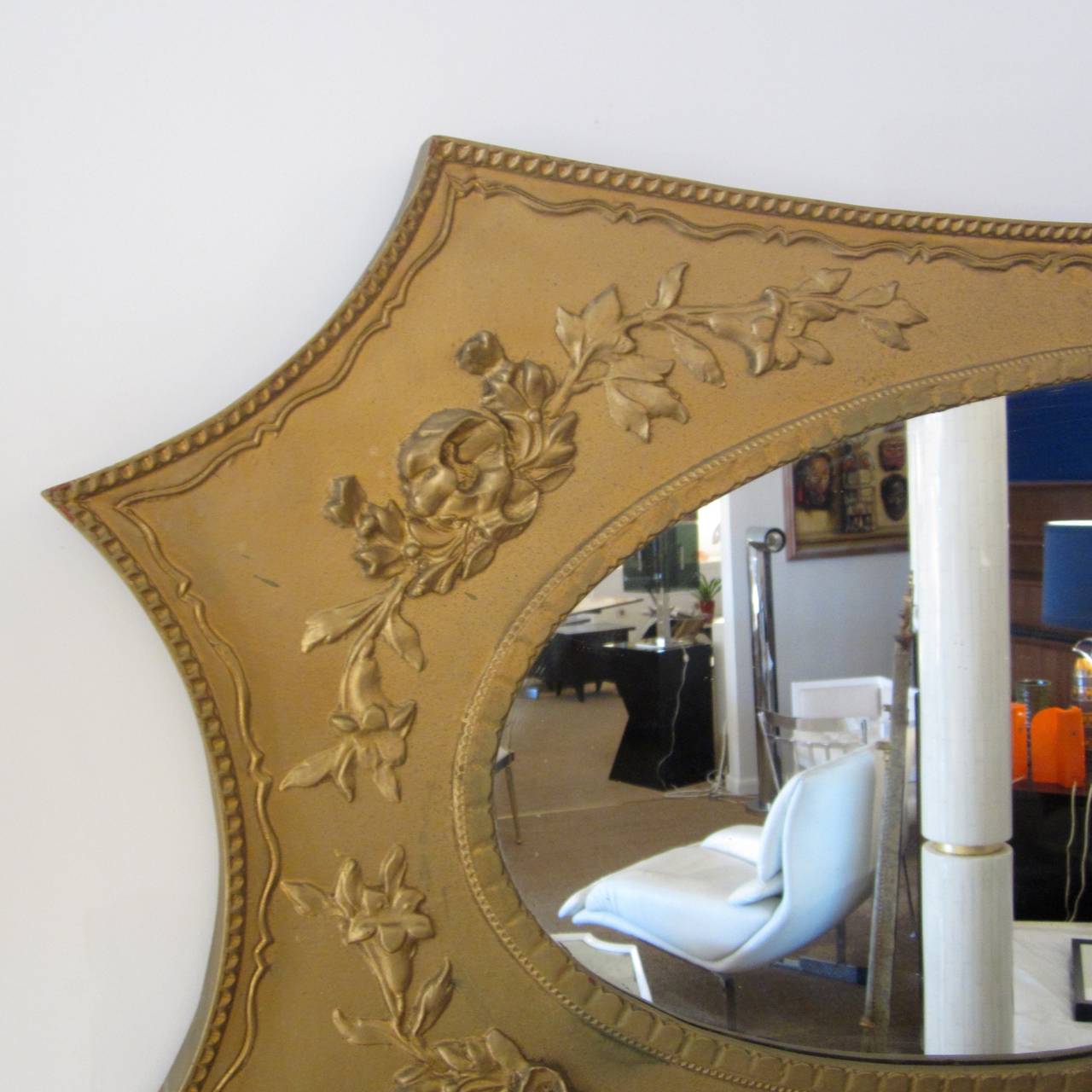 Lovely original gold painted wood frame mirror with carved detail and beaded border design.