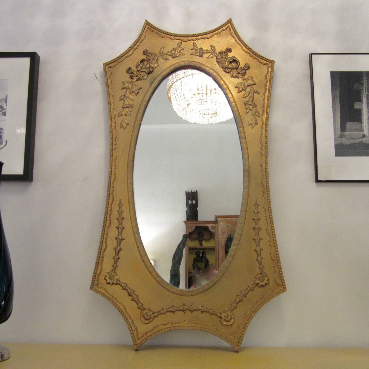 Painted Wood Framed Mirror with Carved Detail