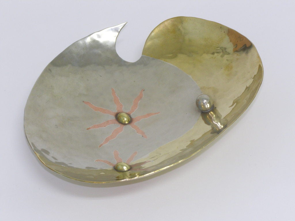Mid-Century Modern Hand Hammered Metal Bowl with Ball Feet and Adornments For Sale