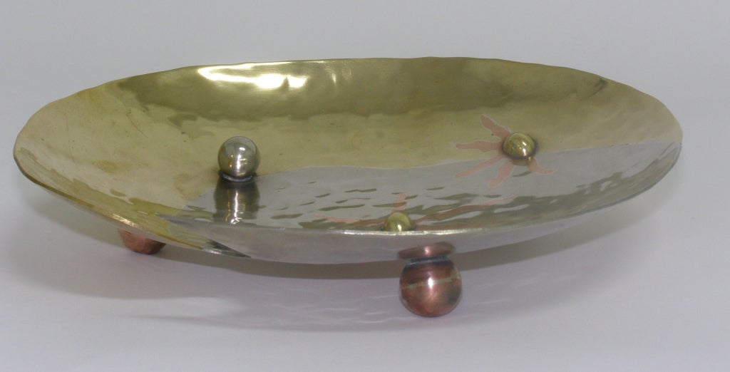 Mexican Hand Hammered Metal Bowl with Ball Feet and Adornments For Sale