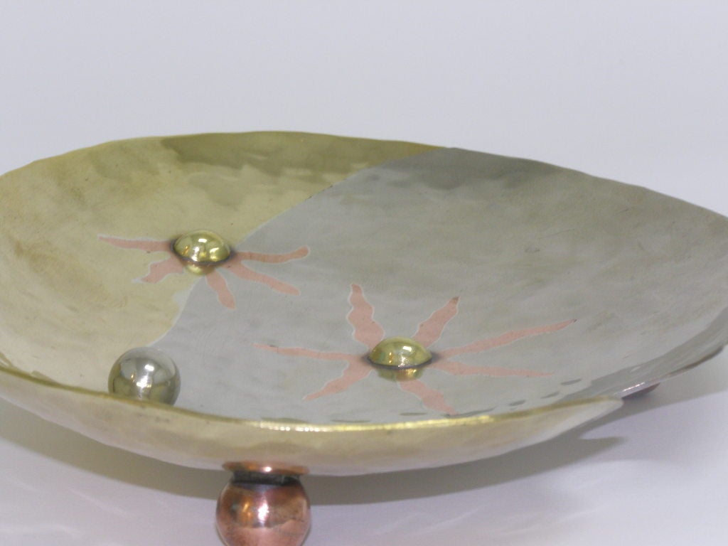 Hand Hammered Metal Bowl with Ball Feet and Adornments In Excellent Condition For Sale In Miami, FL