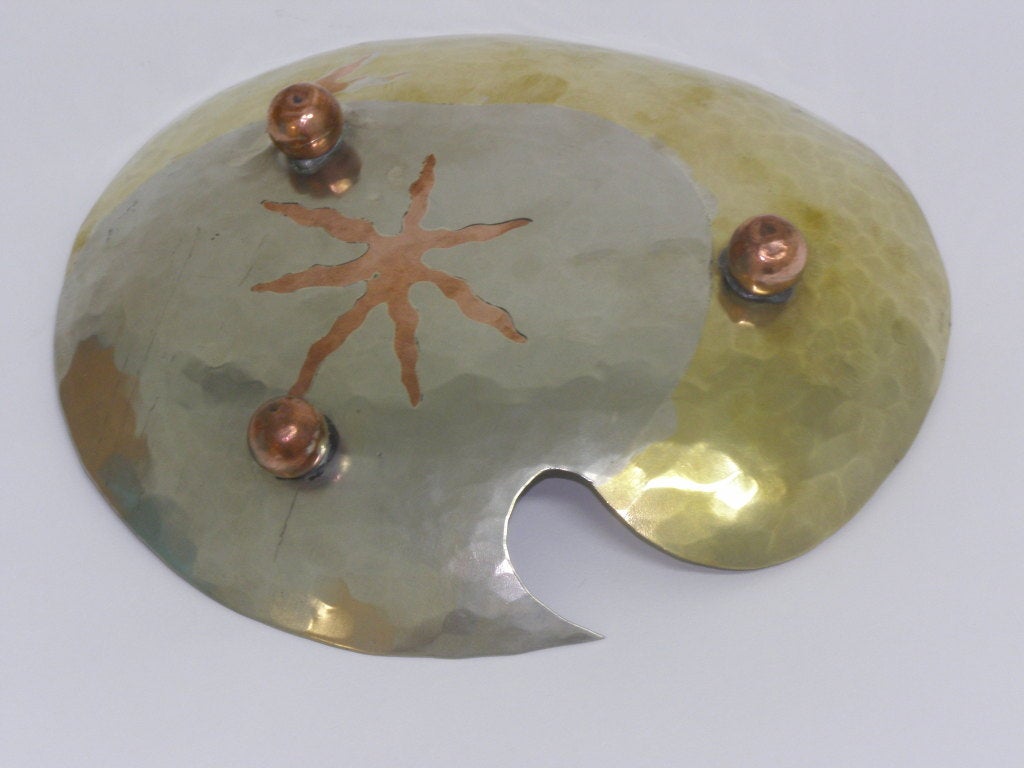Mid-20th Century Hand Hammered Metal Bowl with Ball Feet and Adornments For Sale