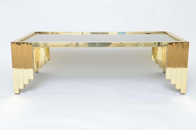 Brass Skyscraper Cocktail Table with Recessed Bronze Mirror Top In Excellent Condition In Miami, FL