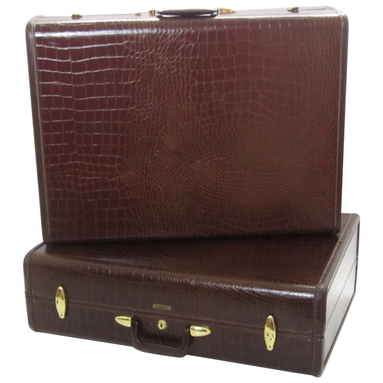 Pair of Crocodile-Embossed Leather Suitcases For Sale