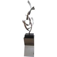 Tall Banded Steel Sculpture on Pedestal