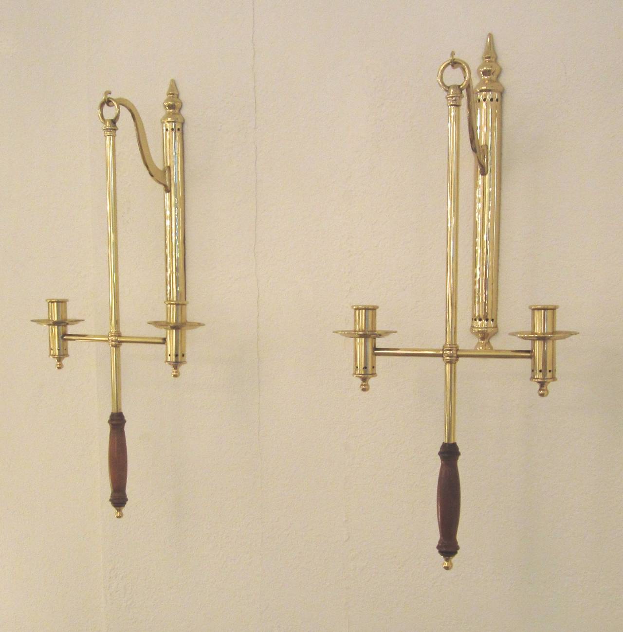 Polished Pair of Brass and Wood Hanging Removable Wall Candle Sconces For Sale
