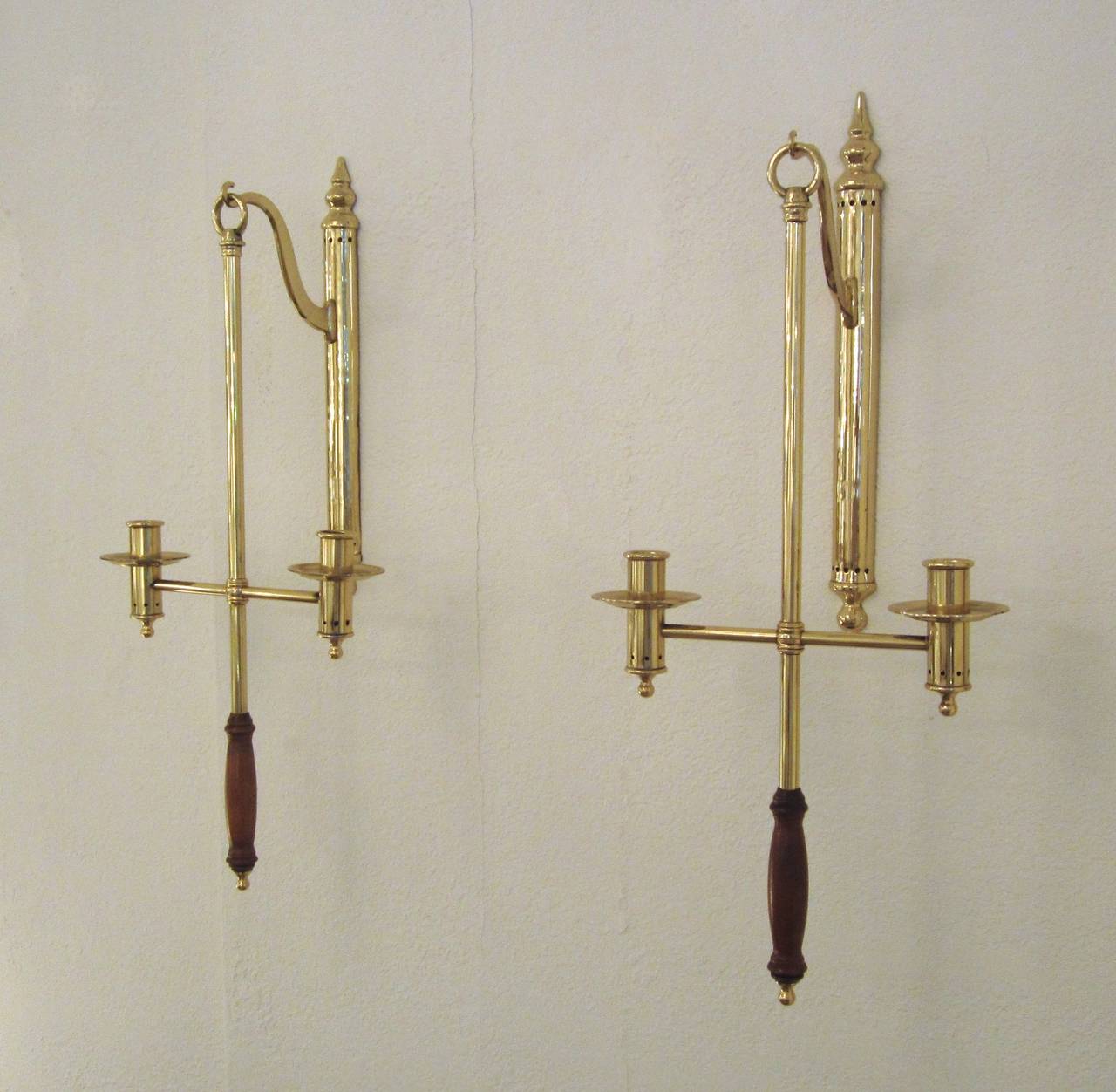 American Pair of Brass and Wood Hanging Removable Wall Candle Sconces For Sale