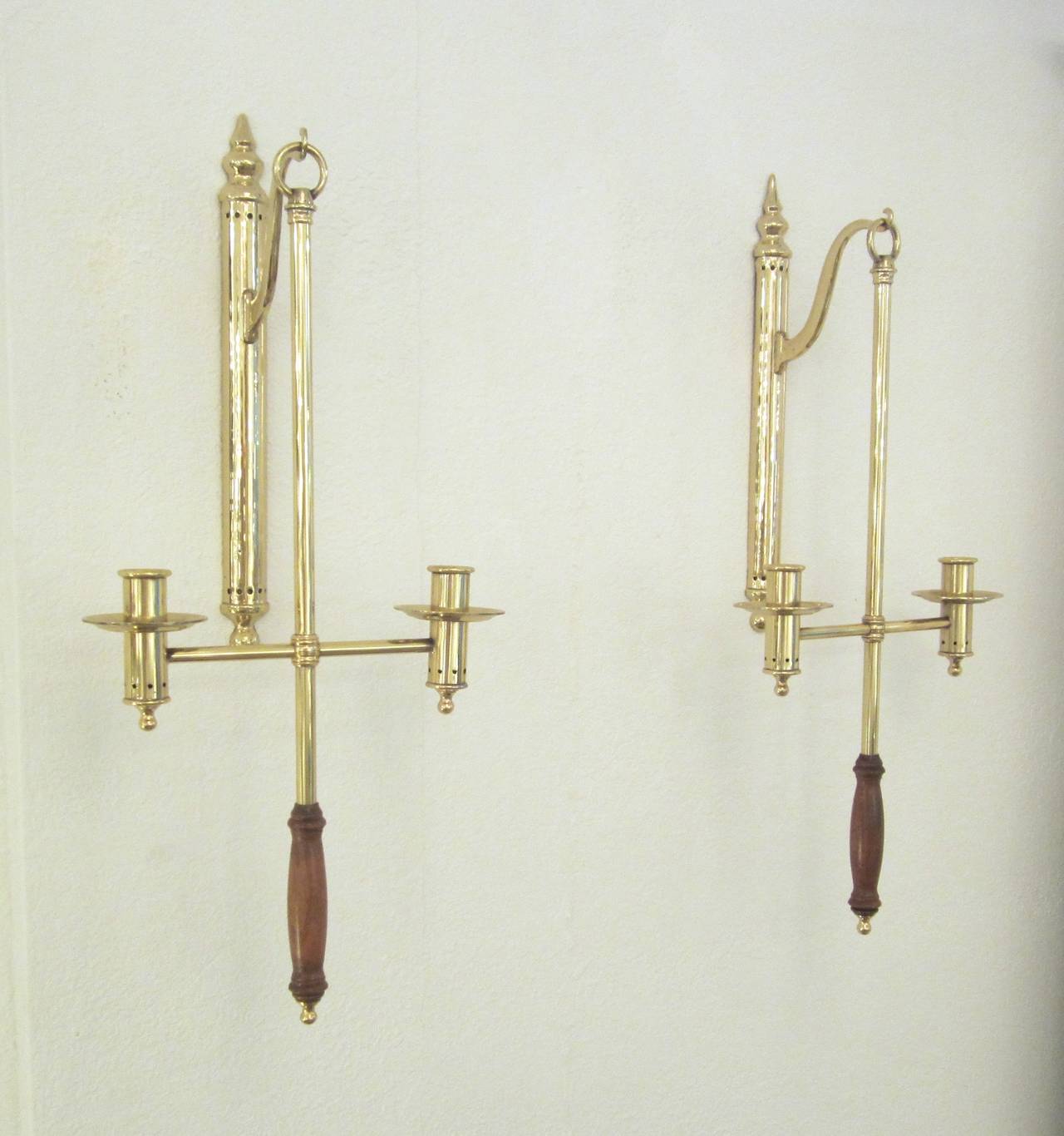 Federal Pair of Brass and Wood Hanging Removable Wall Candle Sconces For Sale