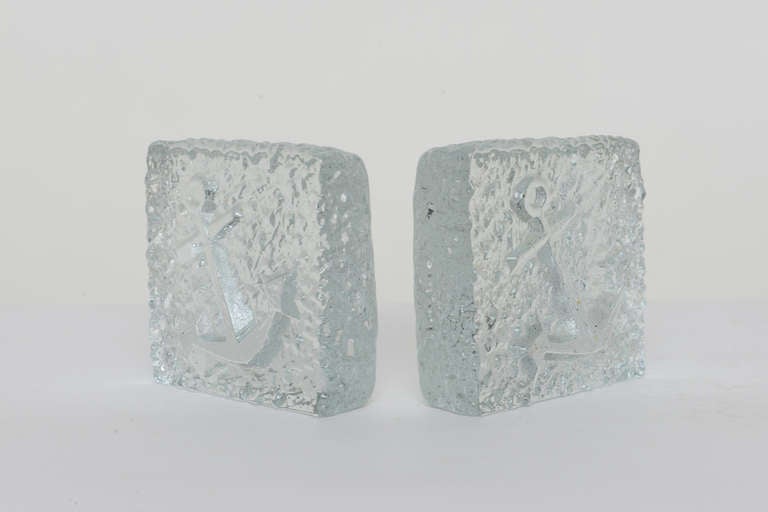 20th Century Nautical Textured Glass Bookends with Raised Anchors