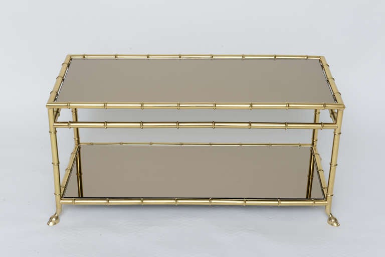 Directoire Solid Brass Two-Tier Bamboo Design Cocktail Table, Clawed Feet, Bronze Mirror