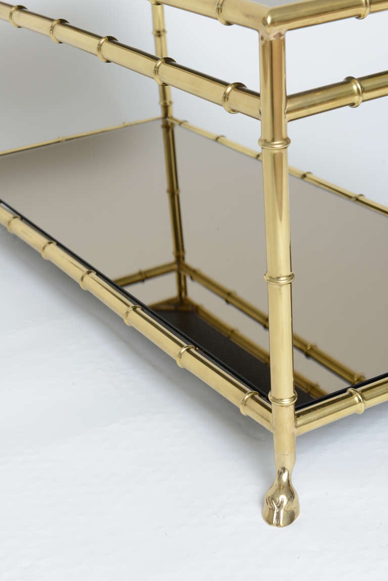 Mid-20th Century Solid Brass Two-Tier Bamboo Design Cocktail Table, Clawed Feet, Bronze Mirror