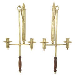 Pair of Brass and Wood Hanging Removable Wall Candle Sconces