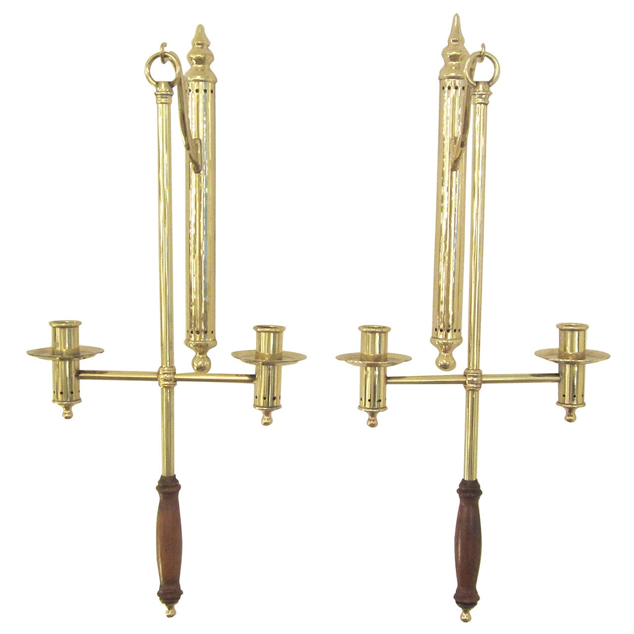 Pair of Brass and Wood Hanging Removable Wall Candle Sconces For Sale