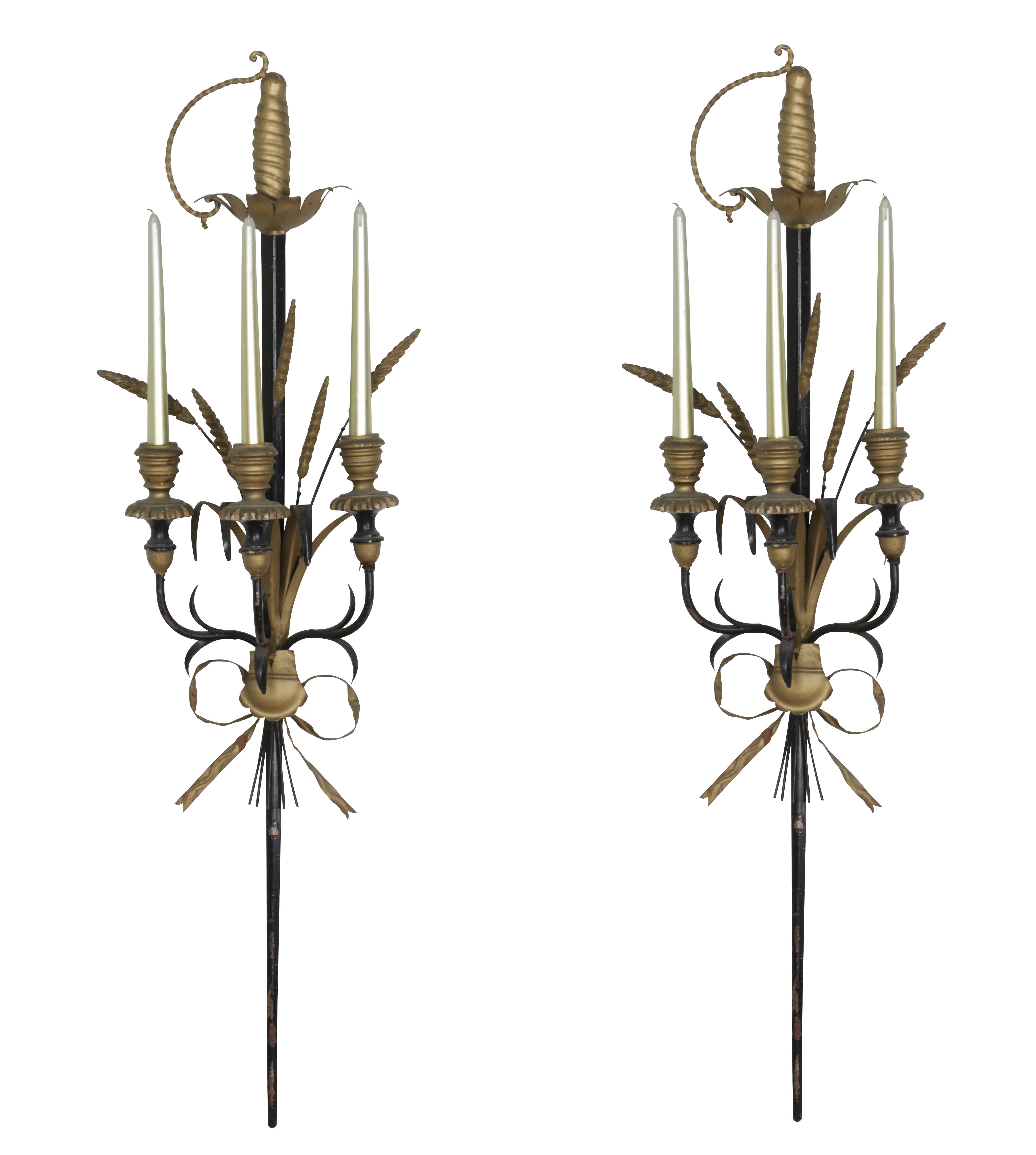 Pair of Italian Tole and Wood Candle Sconces For Sale