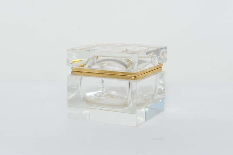 Thick clear glass lidded box with brass hinge. Brass trim surrounds the lid and the bottom and meet at closure. Original Mondruzzato sticker remains almost in tact on lid. Very elegant.