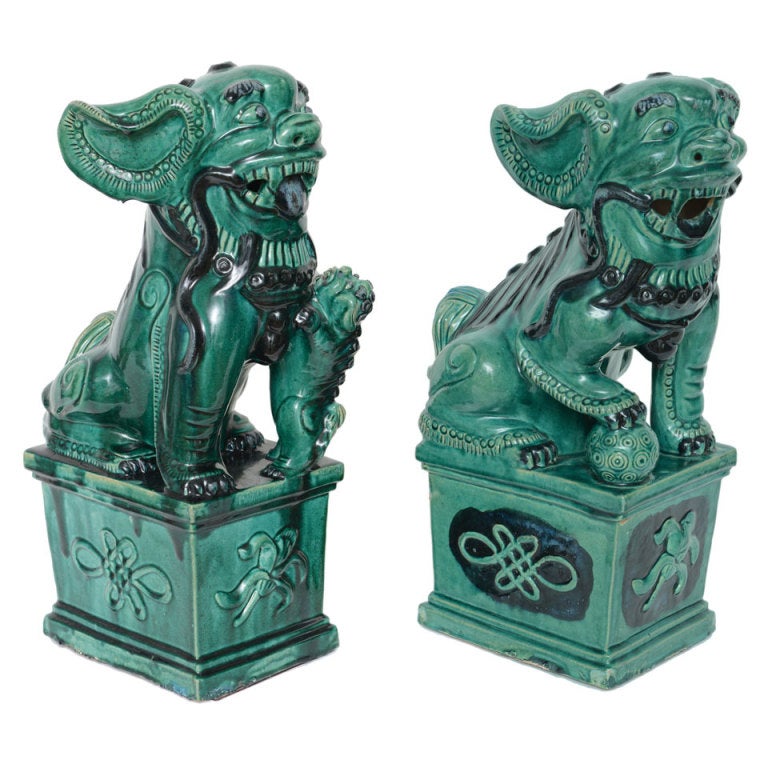 Pair of Large MidCentury Turquoise Glazed Ceramic Foo Dogs For Sale at